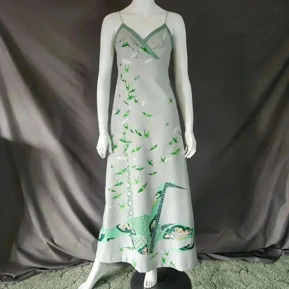VINTAGE 1970s Crane Print Maxi Sun Dress S